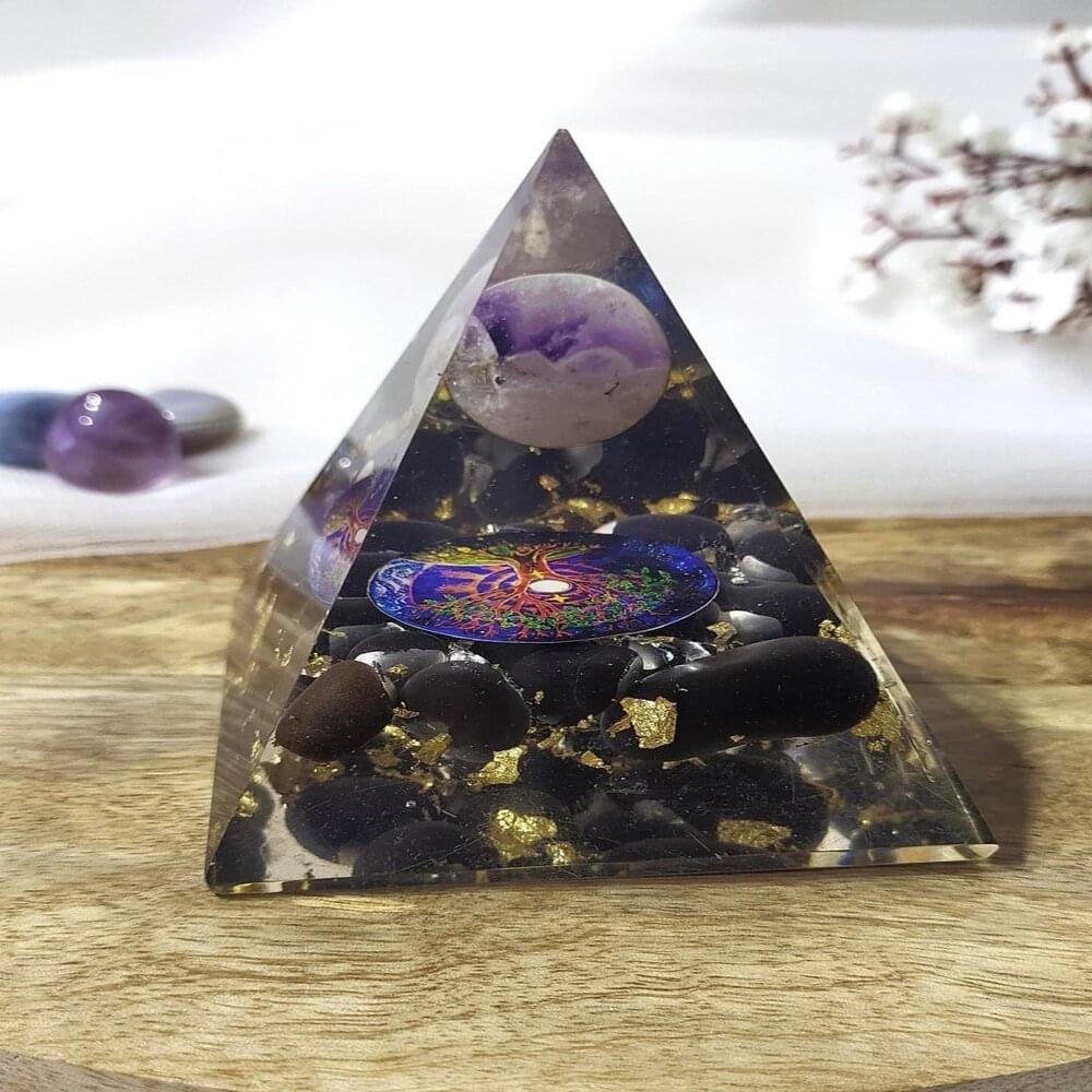 Black Tourmaline Crystal Point Orgone Pyramid with Clear Quartz Crystal Pencil
