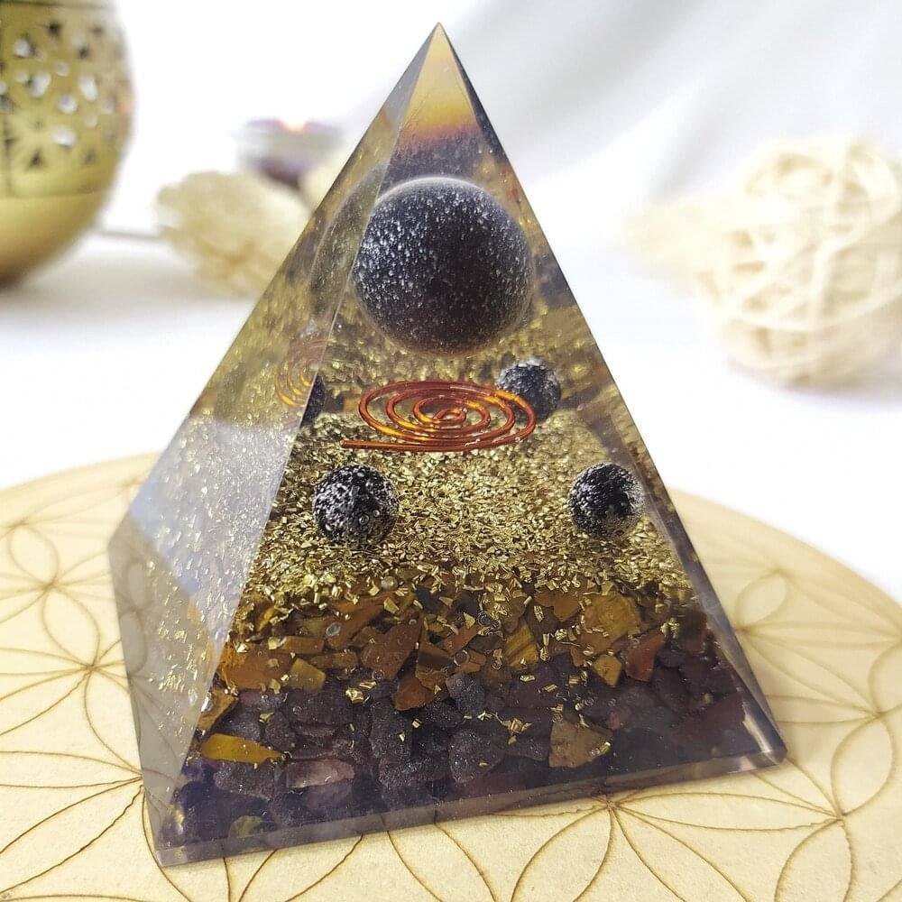Triple Protection Globe Orgone Pyramid with Clear Quartz Crystal Pencil